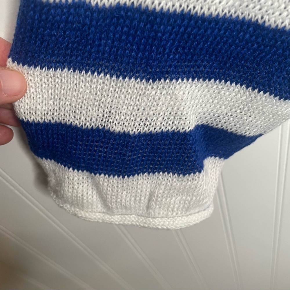 Madewell Linen V-Neck Sweater Beach Vacation Preppy in Sapphire Blue Stripe 2X - Picture 9 of 14